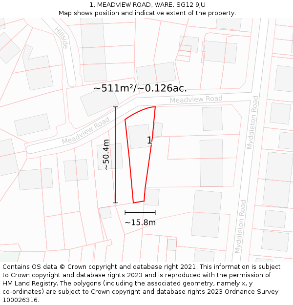 1, MEADVIEW ROAD, WARE, SG12 9JU: Plot and title map