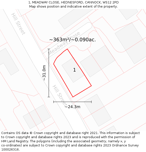 1, MEADWAY CLOSE, HEDNESFORD, CANNOCK, WS12 2PD: Plot and title map