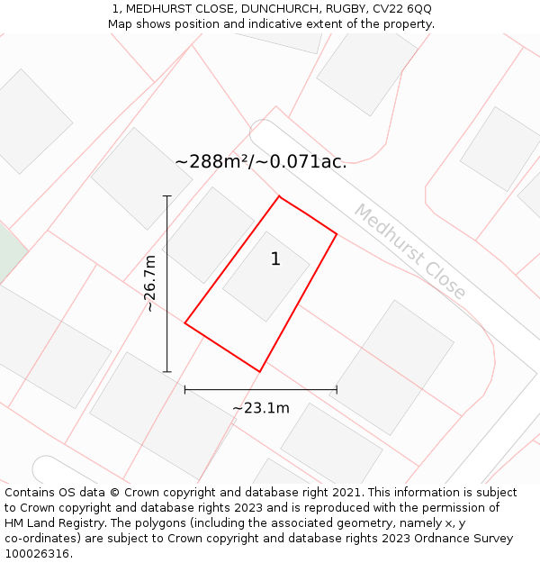 1, MEDHURST CLOSE, DUNCHURCH, RUGBY, CV22 6QQ: Plot and title map