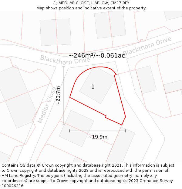 1, MEDLAR CLOSE, HARLOW, CM17 0FY: Plot and title map