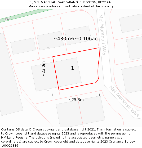 1, MEL MARSHALL WAY, WRANGLE, BOSTON, PE22 9AL: Plot and title map