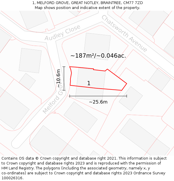1, MELFORD GROVE, GREAT NOTLEY, BRAINTREE, CM77 7ZD: Plot and title map
