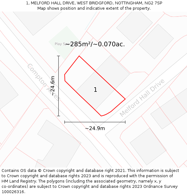 1, MELFORD HALL DRIVE, WEST BRIDGFORD, NOTTINGHAM, NG2 7SP: Plot and title map