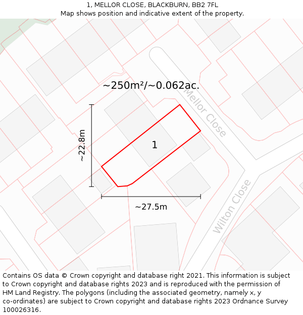 1, MELLOR CLOSE, BLACKBURN, BB2 7FL: Plot and title map