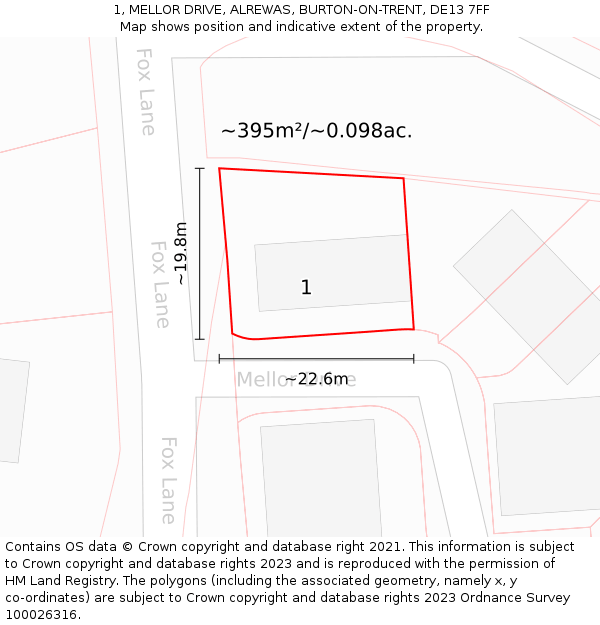 1, MELLOR DRIVE, ALREWAS, BURTON-ON-TRENT, DE13 7FF: Plot and title map