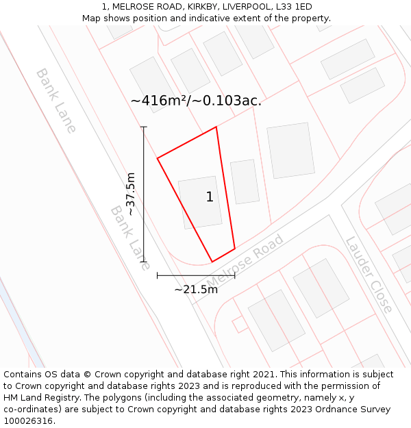 1, MELROSE ROAD, KIRKBY, LIVERPOOL, L33 1ED: Plot and title map