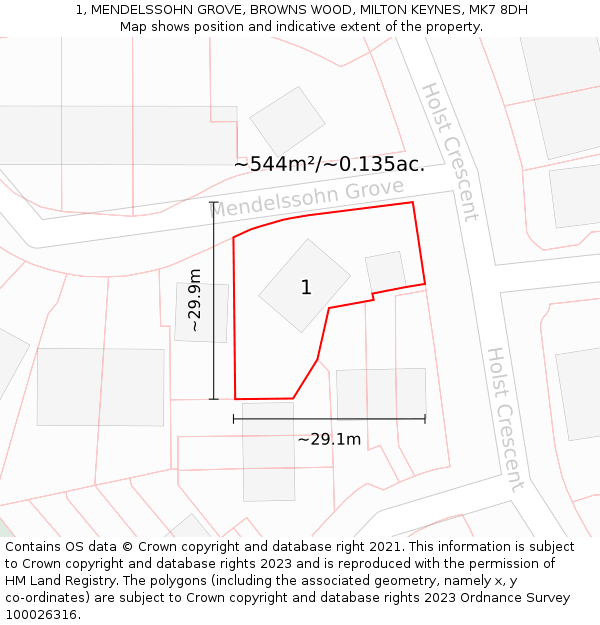 1, MENDELSSOHN GROVE, BROWNS WOOD, MILTON KEYNES, MK7 8DH: Plot and title map