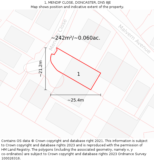 1, MENDIP CLOSE, DONCASTER, DN5 8JE: Plot and title map