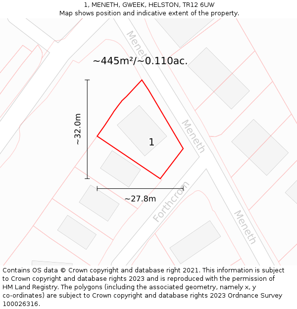 1, MENETH, GWEEK, HELSTON, TR12 6UW: Plot and title map