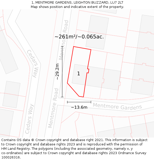 1, MENTMORE GARDENS, LEIGHTON BUZZARD, LU7 2LT: Plot and title map