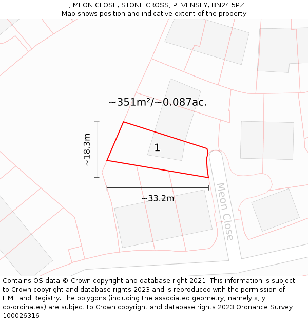 1, MEON CLOSE, STONE CROSS, PEVENSEY, BN24 5PZ: Plot and title map