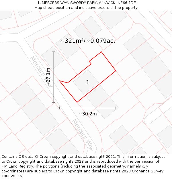 1, MERCERS WAY, SWORDY PARK, ALNWICK, NE66 1DE: Plot and title map