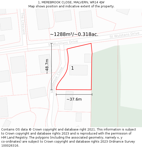 1, MEREBROOK CLOSE, MALVERN, WR14 4JW: Plot and title map