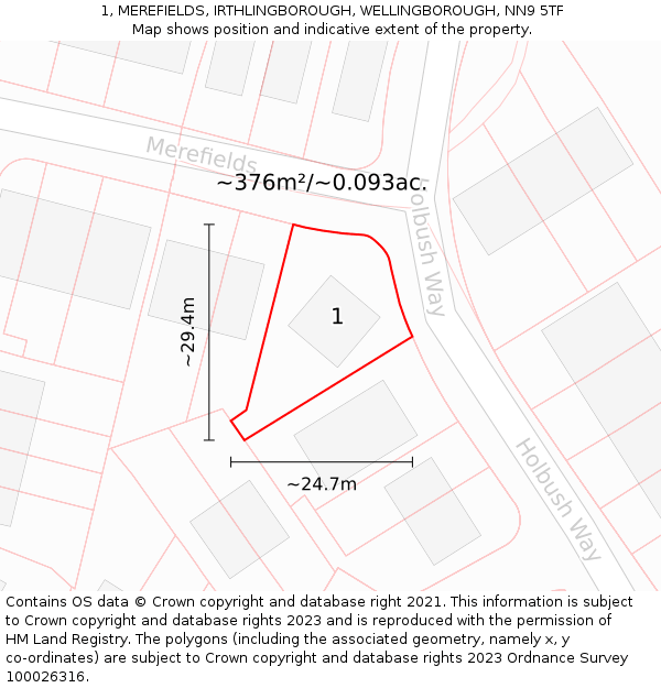 1, MEREFIELDS, IRTHLINGBOROUGH, WELLINGBOROUGH, NN9 5TF: Plot and title map