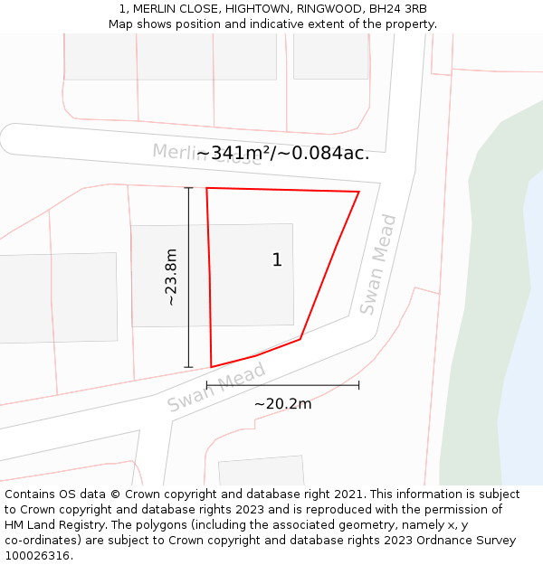 1, MERLIN CLOSE, HIGHTOWN, RINGWOOD, BH24 3RB: Plot and title map