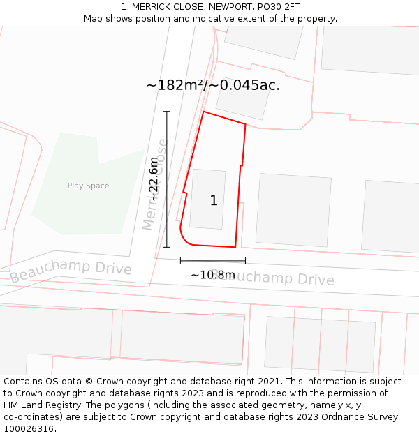 1, MERRICK CLOSE, NEWPORT, PO30 2FT: Plot and title map