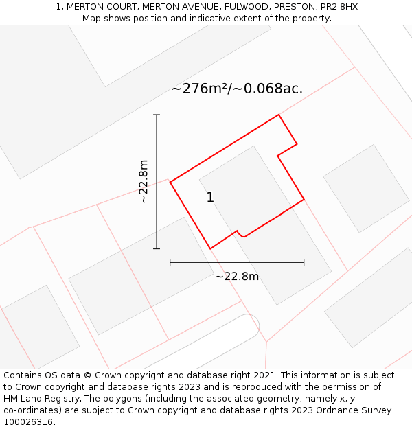 1, MERTON COURT, MERTON AVENUE, FULWOOD, PRESTON, PR2 8HX: Plot and title map