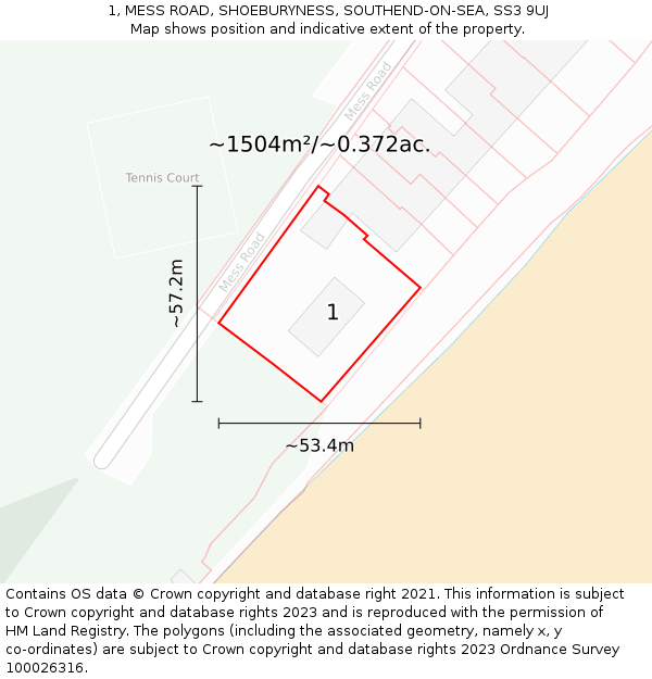 1, MESS ROAD, SHOEBURYNESS, SOUTHEND-ON-SEA, SS3 9UJ: Plot and title map