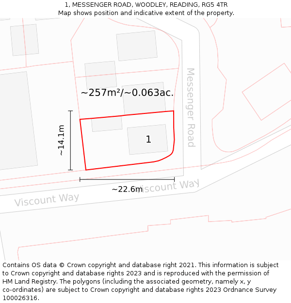 1, MESSENGER ROAD, WOODLEY, READING, RG5 4TR: Plot and title map