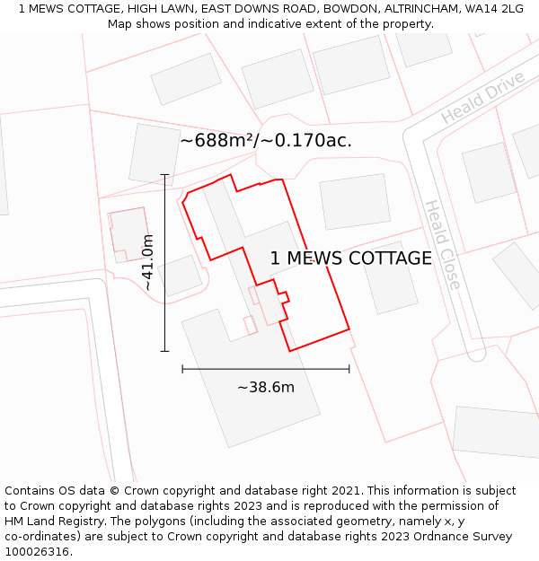 1 MEWS COTTAGE, HIGH LAWN, EAST DOWNS ROAD, BOWDON, ALTRINCHAM, WA14 2LG: Plot and title map