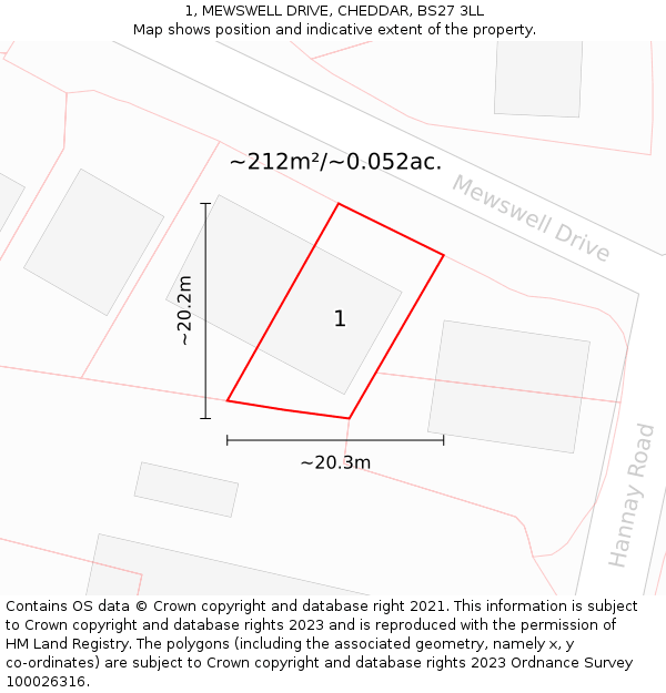 1, MEWSWELL DRIVE, CHEDDAR, BS27 3LL: Plot and title map