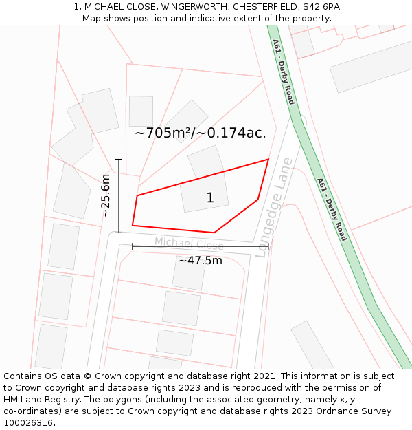 1, MICHAEL CLOSE, WINGERWORTH, CHESTERFIELD, S42 6PA: Plot and title map