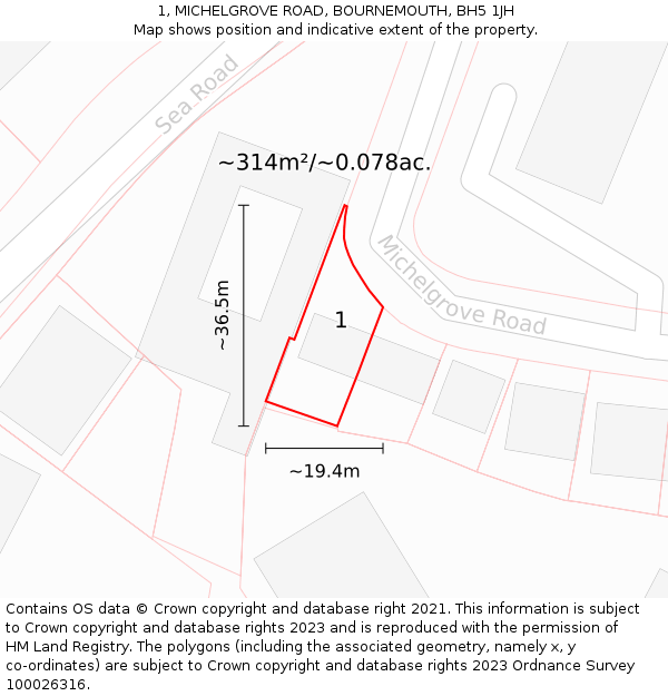 1, MICHELGROVE ROAD, BOURNEMOUTH, BH5 1JH: Plot and title map
