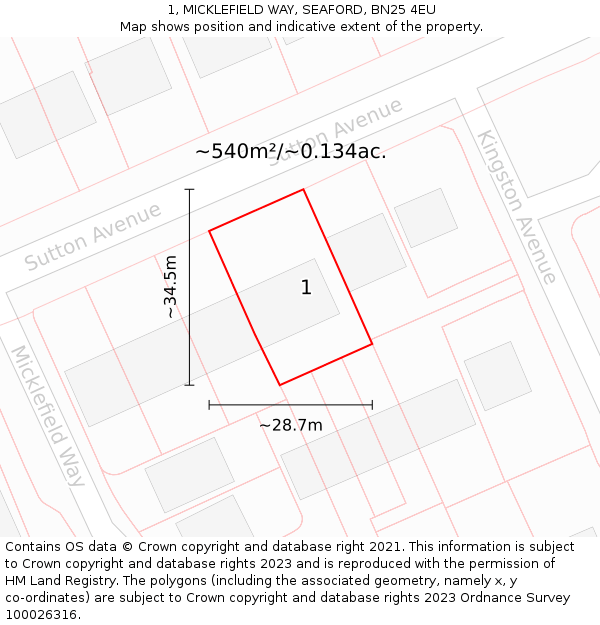 1, MICKLEFIELD WAY, SEAFORD, BN25 4EU: Plot and title map