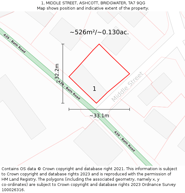 1, MIDDLE STREET, ASHCOTT, BRIDGWATER, TA7 9QG: Plot and title map