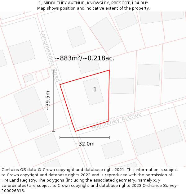 1, MIDDLEHEY AVENUE, KNOWSLEY, PRESCOT, L34 0HY: Plot and title map