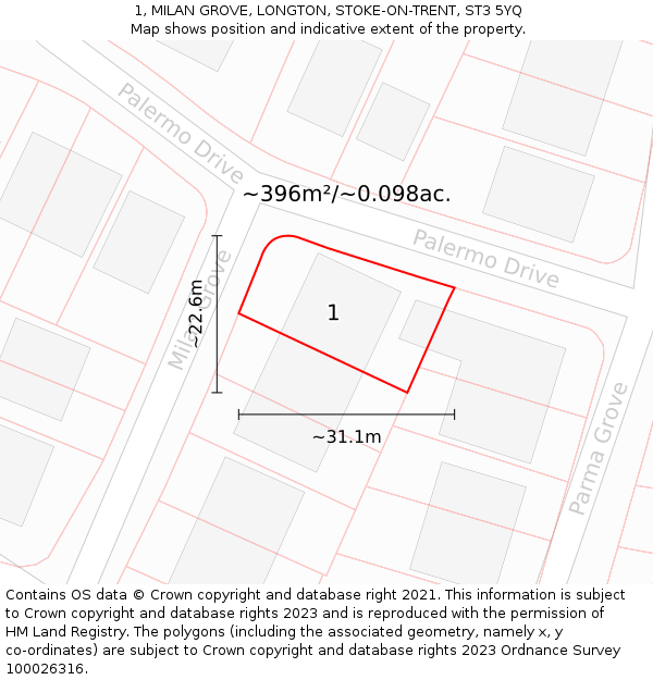 1, MILAN GROVE, LONGTON, STOKE-ON-TRENT, ST3 5YQ: Plot and title map