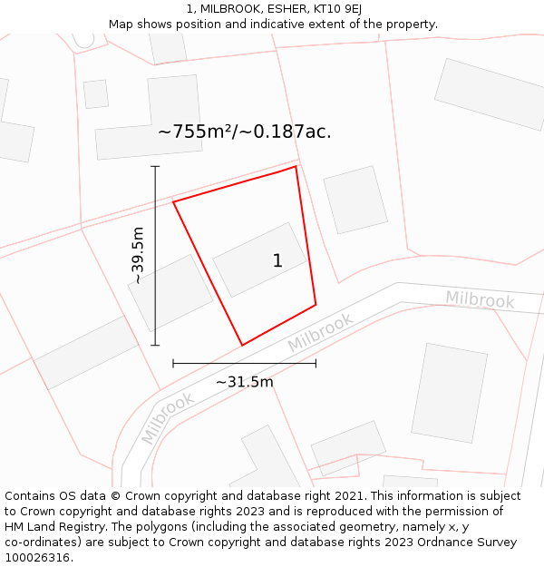 1, MILBROOK, ESHER, KT10 9EJ: Plot and title map