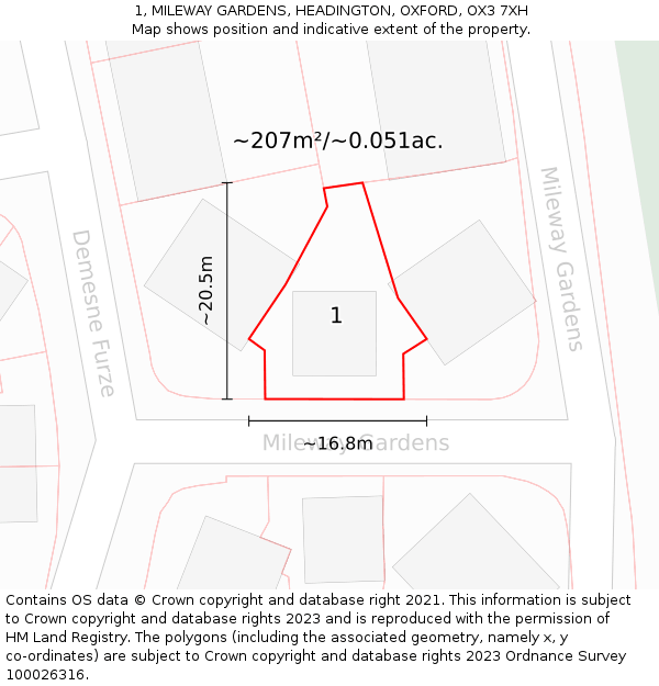 1, MILEWAY GARDENS, HEADINGTON, OXFORD, OX3 7XH: Plot and title map