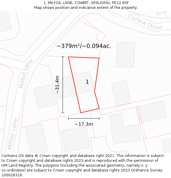 1, MILFOIL LANE, COWBIT, SPALDING, PE12 6XF: Plot and title map