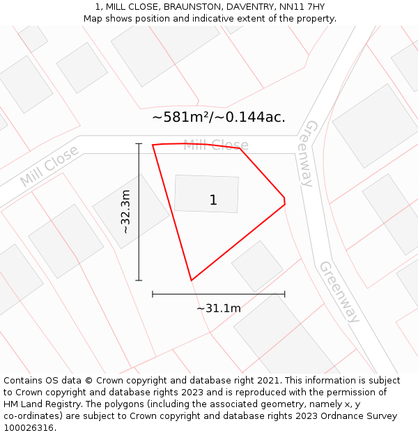 1, MILL CLOSE, BRAUNSTON, DAVENTRY, NN11 7HY: Plot and title map