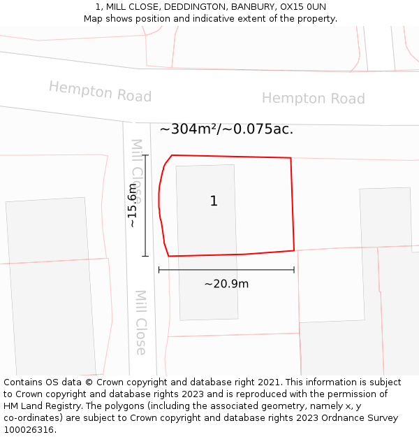 1, MILL CLOSE, DEDDINGTON, BANBURY, OX15 0UN: Plot and title map