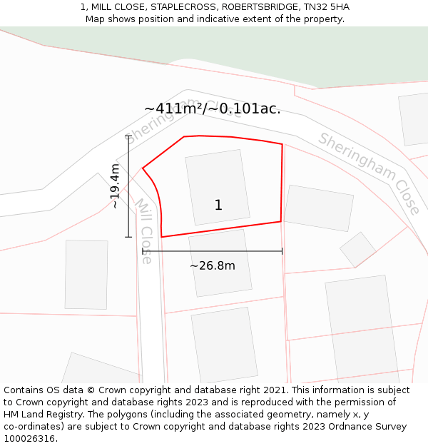 1, MILL CLOSE, STAPLECROSS, ROBERTSBRIDGE, TN32 5HA: Plot and title map