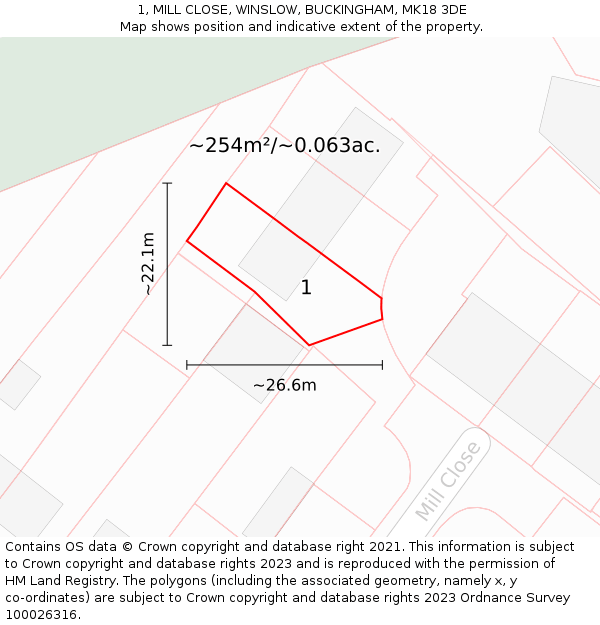 1, MILL CLOSE, WINSLOW, BUCKINGHAM, MK18 3DE: Plot and title map