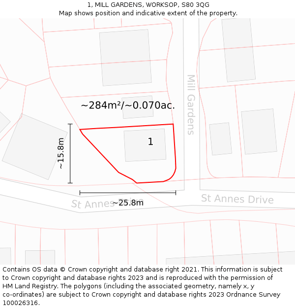 1, MILL GARDENS, WORKSOP, S80 3QG: Plot and title map