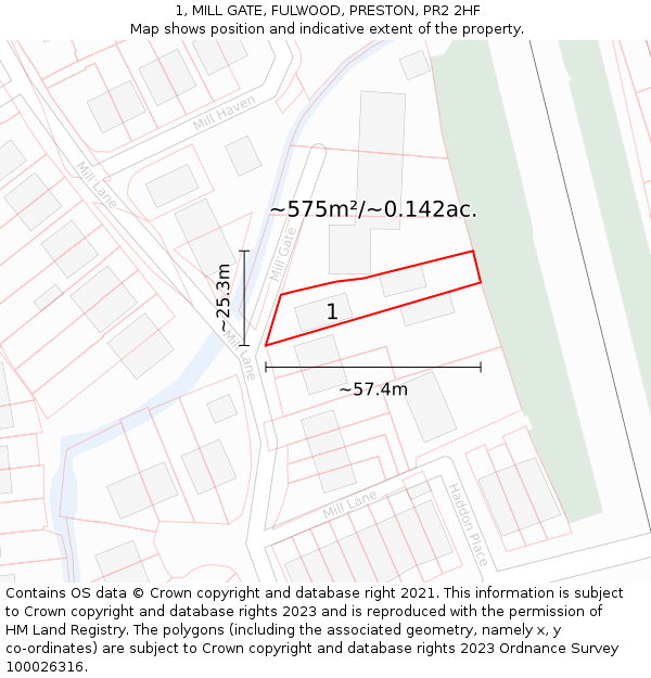 1, MILL GATE, FULWOOD, PRESTON, PR2 2HF: Plot and title map