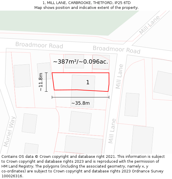 1, MILL LANE, CARBROOKE, THETFORD, IP25 6TD: Plot and title map