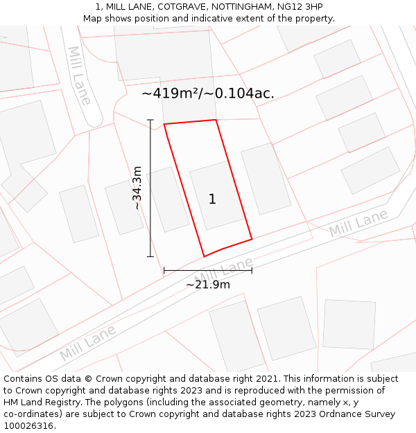 1, MILL LANE, COTGRAVE, NOTTINGHAM, NG12 3HP: Plot and title map