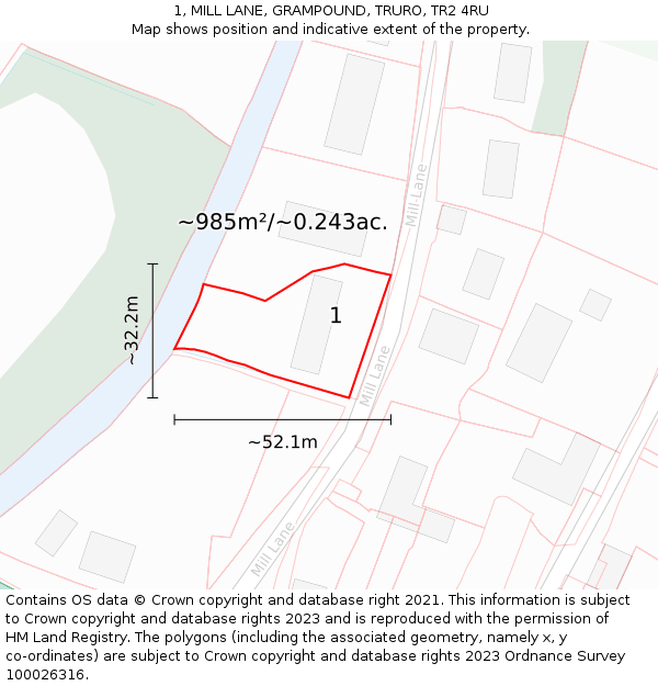 1, MILL LANE, GRAMPOUND, TRURO, TR2 4RU: Plot and title map