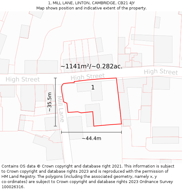 1, MILL LANE, LINTON, CAMBRIDGE, CB21 4JY: Plot and title map