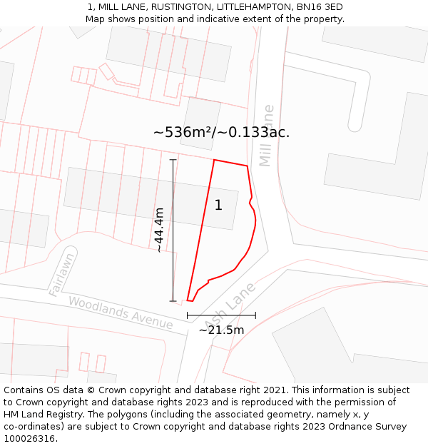 1, MILL LANE, RUSTINGTON, LITTLEHAMPTON, BN16 3ED: Plot and title map