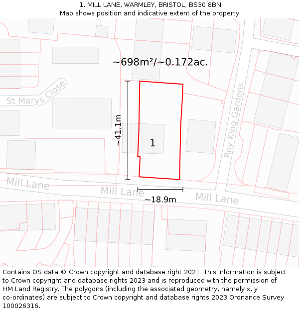 1, MILL LANE, WARMLEY, BRISTOL, BS30 8BN: Plot and title map