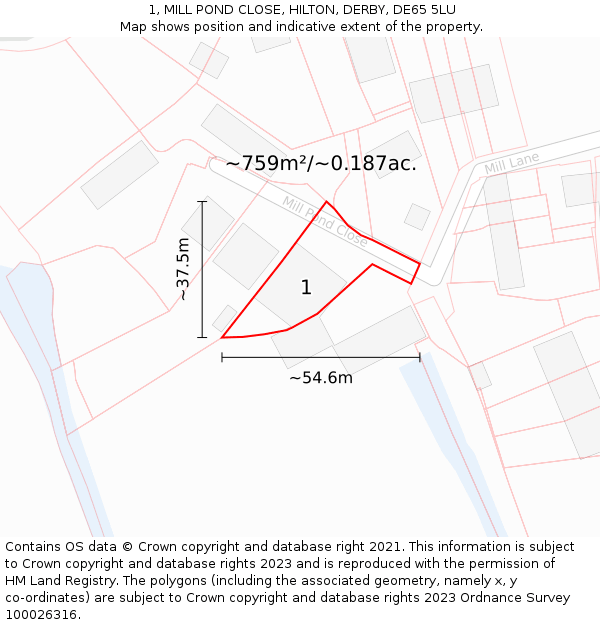 1, MILL POND CLOSE, HILTON, DERBY, DE65 5LU: Plot and title map