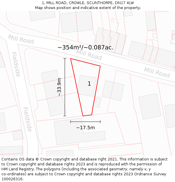 1, MILL ROAD, CROWLE, SCUNTHORPE, DN17 4LW: Plot and title map