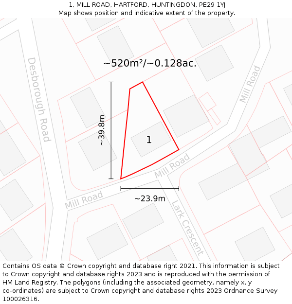 1, MILL ROAD, HARTFORD, HUNTINGDON, PE29 1YJ: Plot and title map