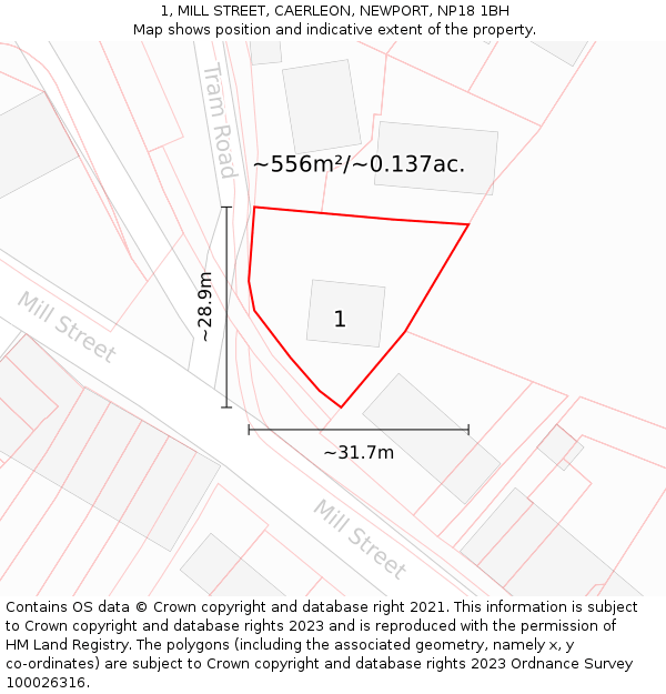 1, MILL STREET, CAERLEON, NEWPORT, NP18 1BH: Plot and title map